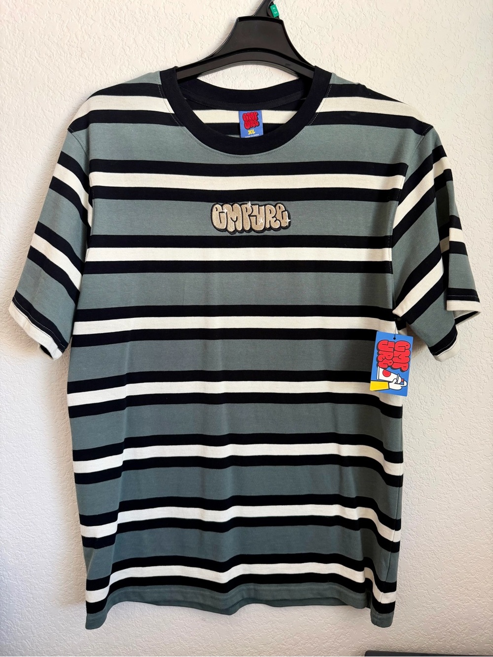Empyre Men's Striped Crew Tee in Green, Black & White